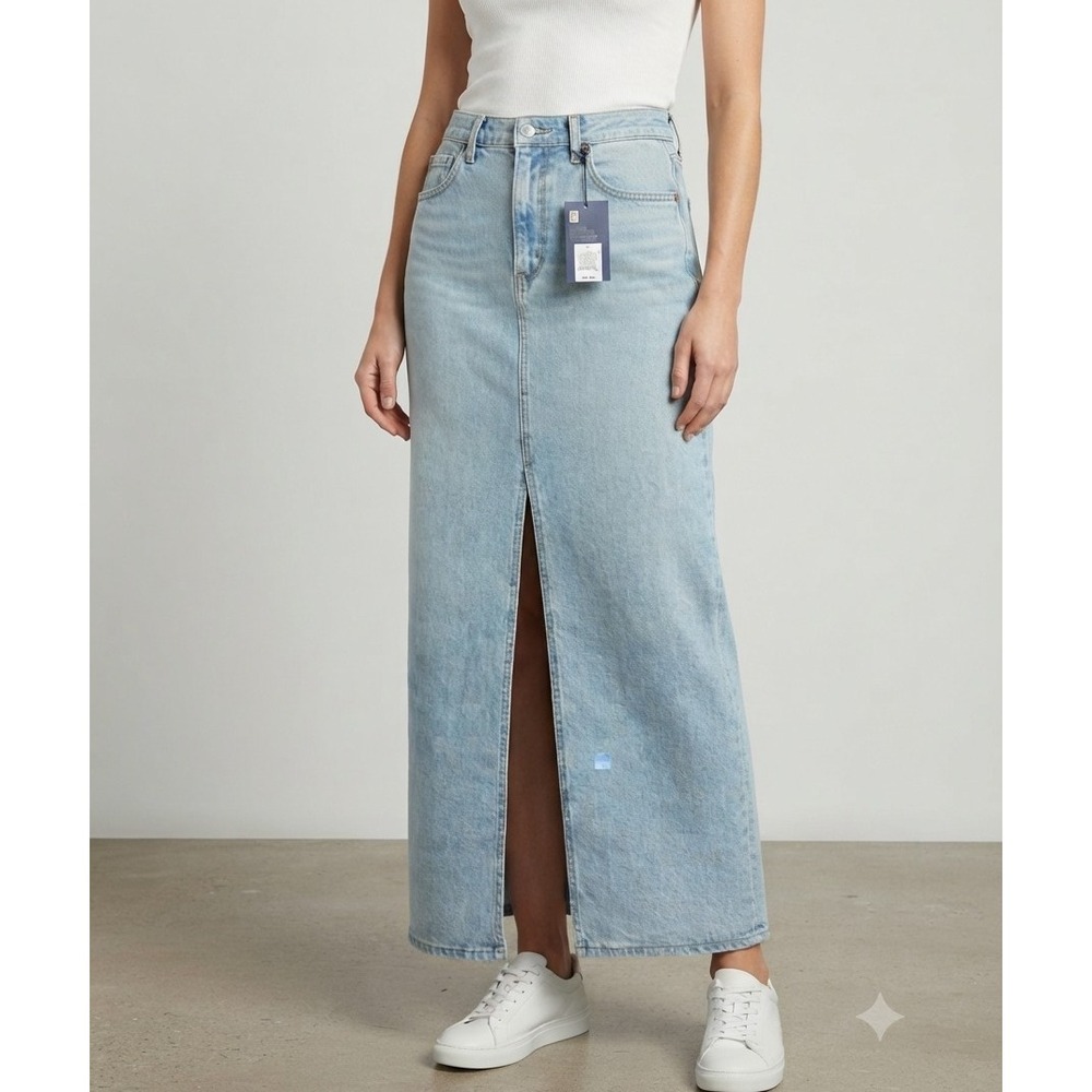 NEW Universal Thread Light Wash Blue Denim Maxi Skirt Slit Pockets High Rise 4